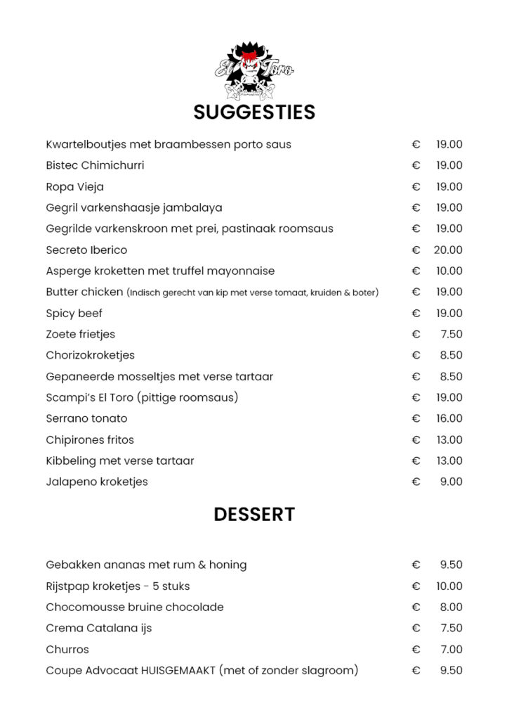 Tapasbar El Toro Herentals Suggesties Menukaart